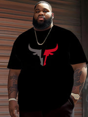 Men's Black Cotton T-Shirt with Red and White Bull Head Graphic Short Sleeve Casual Fit