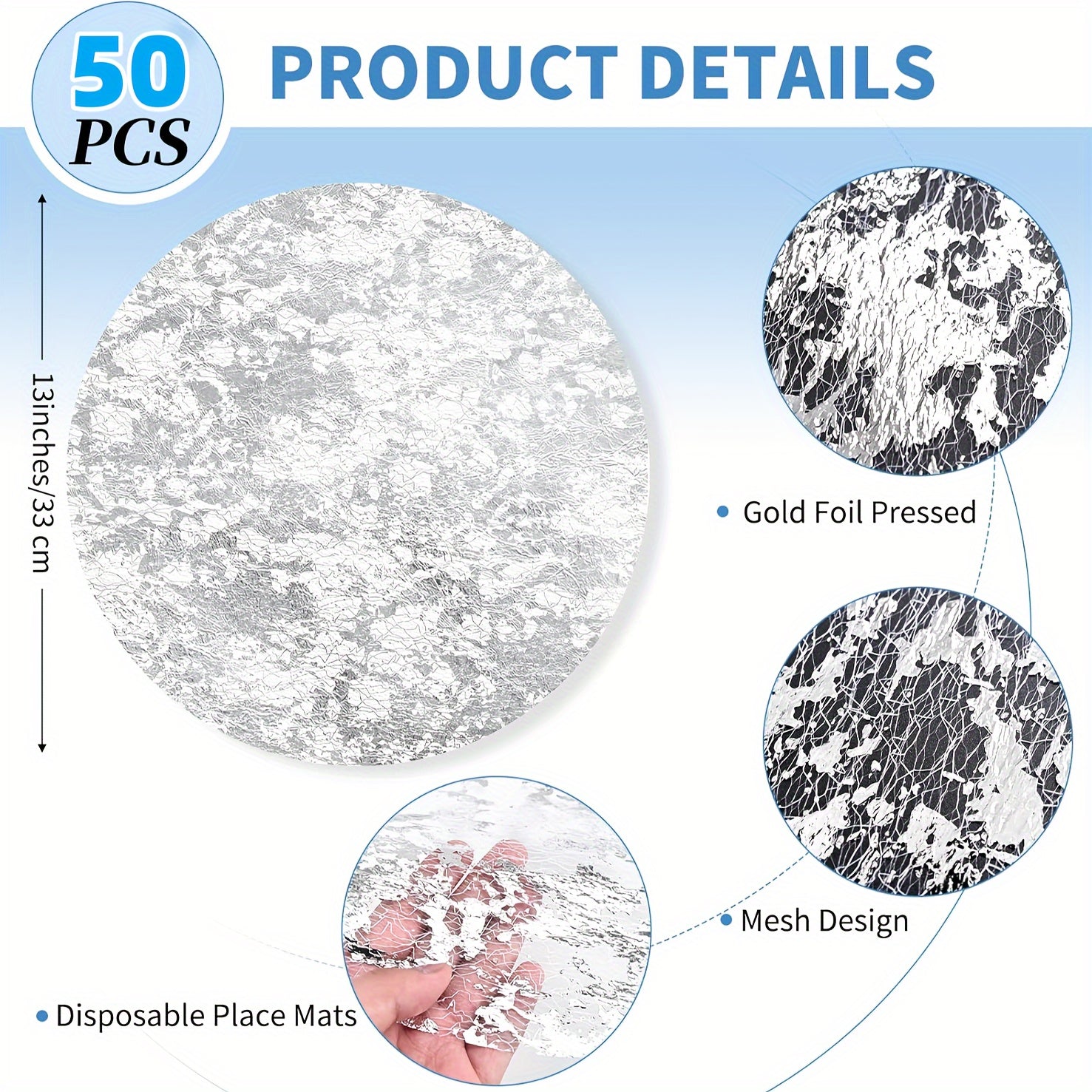50 Disposable Round Metallic Table Mats for Weddings and Parties