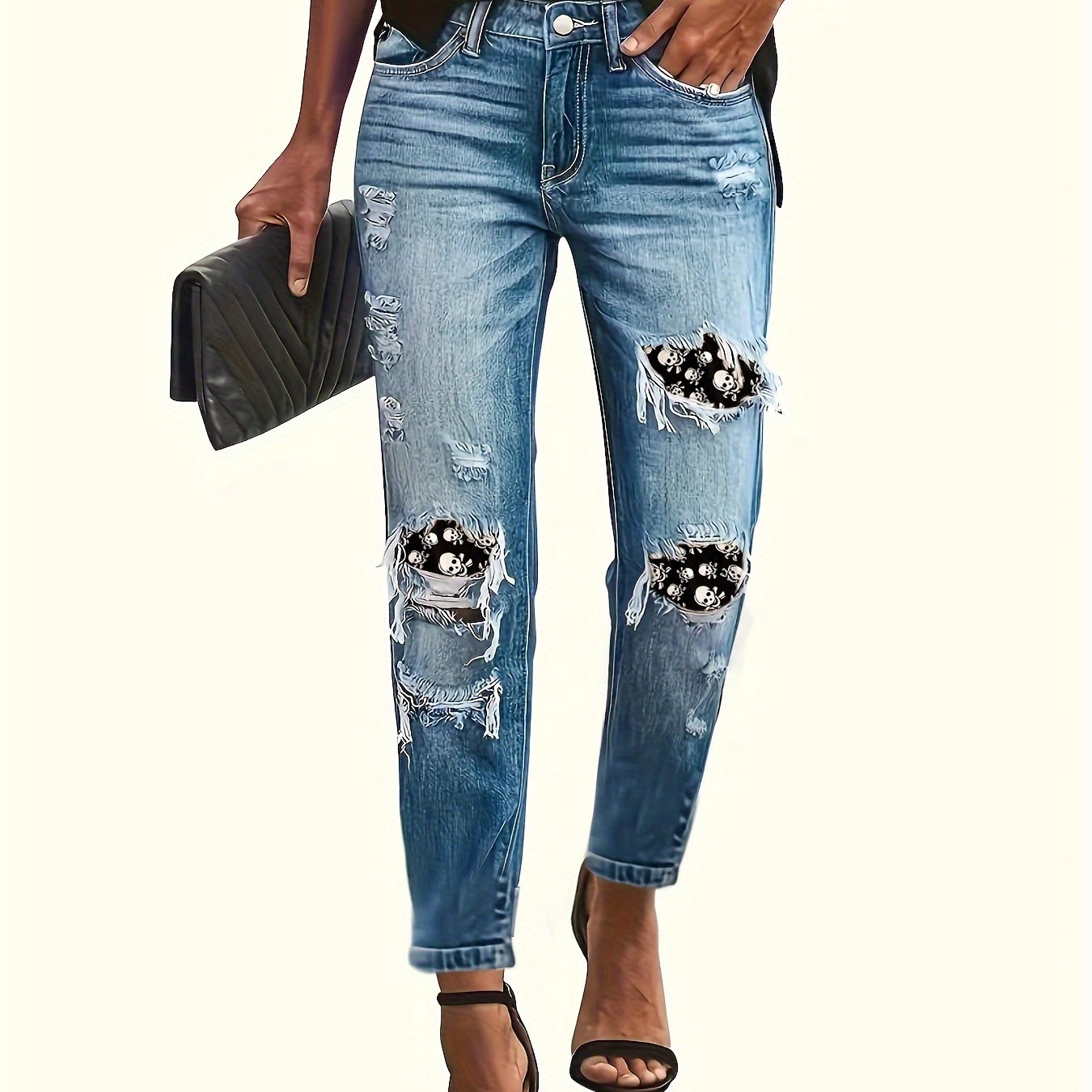 Women's Ripped Skull Print High-Stretch Denim Jeans Street Style