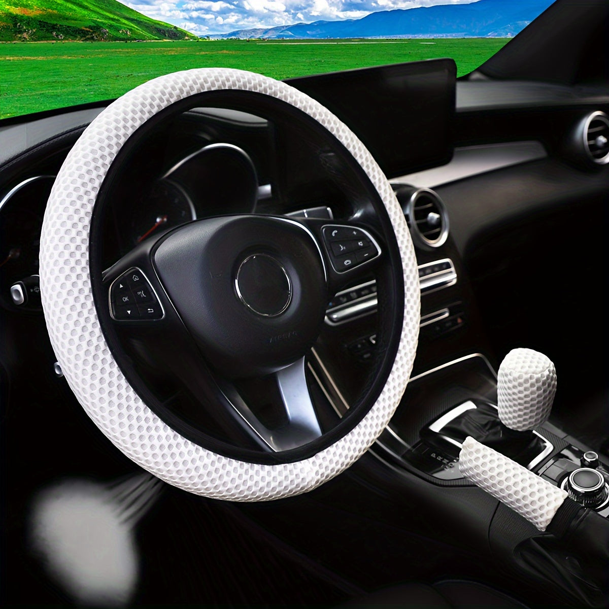 3pcs Breathable Mesh Car Steering Wheel Cover Anti-slip Sweat-absorbing 35-38cm