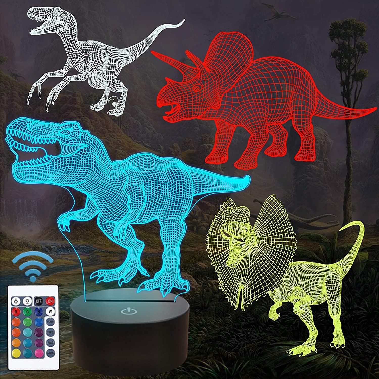 4pcs T-Rex Dinosaur 3D Night Light with 16 Colors Remote Control Dimmable Gift