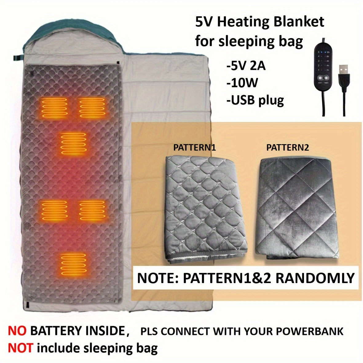 Electric Blanket for Sleeping Bag Crystal Velvet 5V 12V Washable Adjustable Temperature