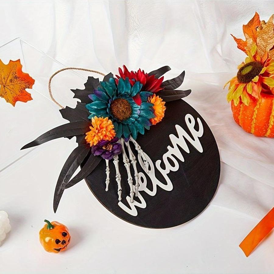 Wooden Halloween Door Sign Yellow Black Wreath Welcome Decoration