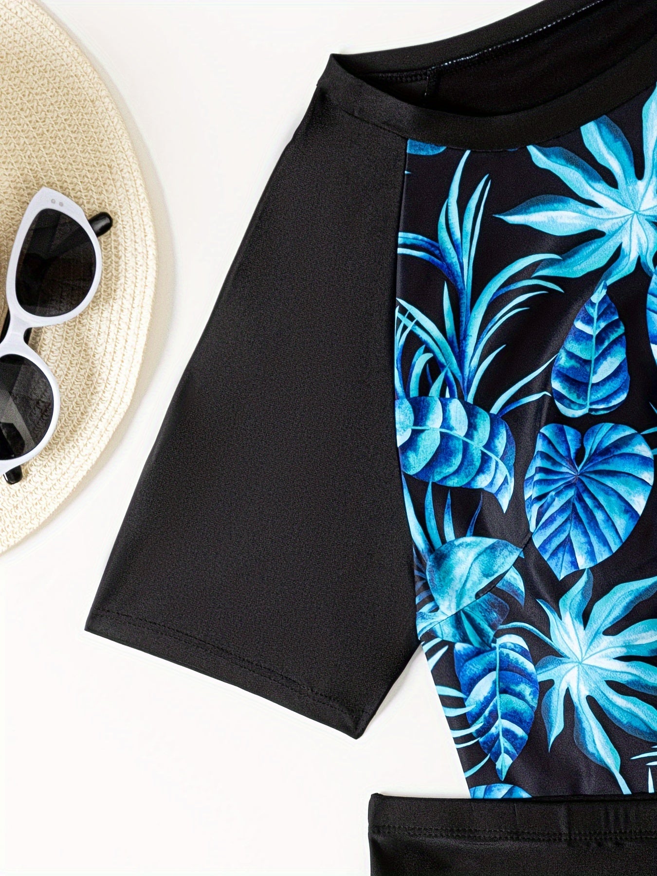 Плюс-Размер Цветочный Купальник двухчастный для женщин с короткими рукавами и шортами