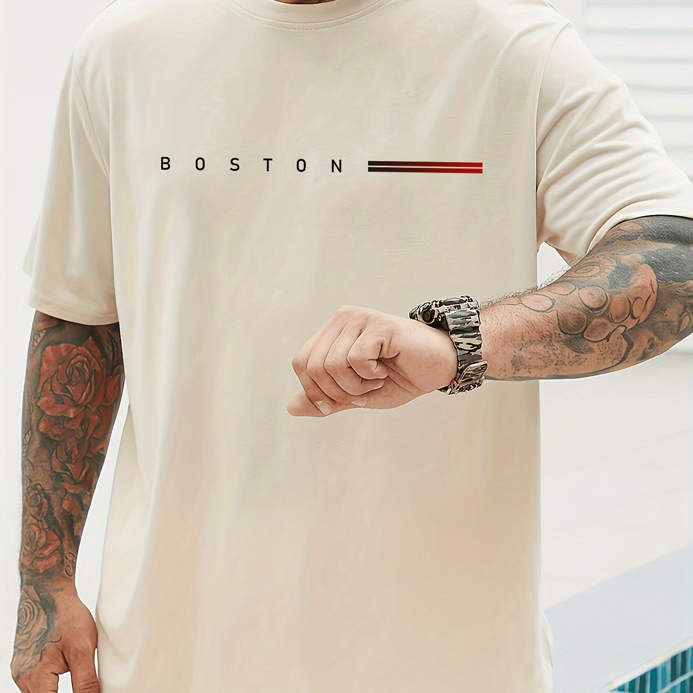 Men's Summer Cotton T-Shirt with Gradient Color Stripe Pattern Crew Neck Short Sleeve Casual Top