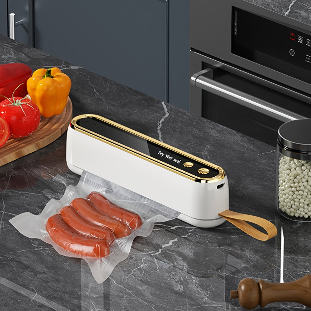 Oziq-ovqatni saqlash uchun kompakt simsiz vakuum yopishtiruvchi; qayta tiklanadigan USB/akku bilan ishlaydigan.