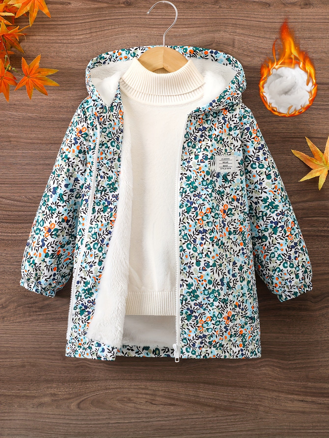 Kids' Casual Hooded Parka with Fleece Lining and Random Print for Fall Winter