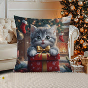 Festive Christmas Kitten Throw Pillow Cover Short Plush Polyester Decorative Cushion for Sofa Bed Car
