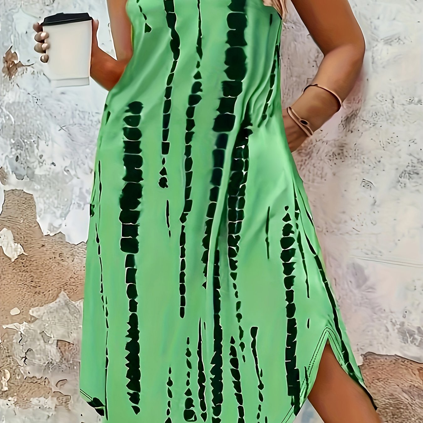 Plus Size Tie Dye Print Tank Dress Casual Sleeveless Homewear Pockets