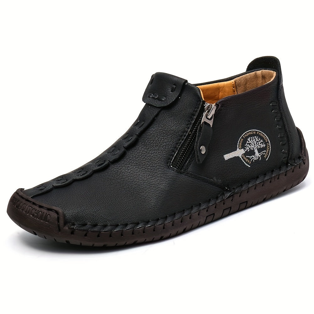 Men's Zipper Mid Top Casual Shoes with Stitching and Solid Color Design