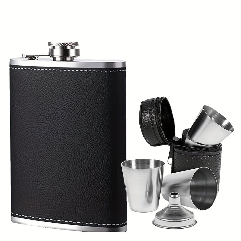 8oz Stainless Steel Flask Set with Leather Wrap 4 Cups and Funnel Leakproof for Whiskey Rum Vodka