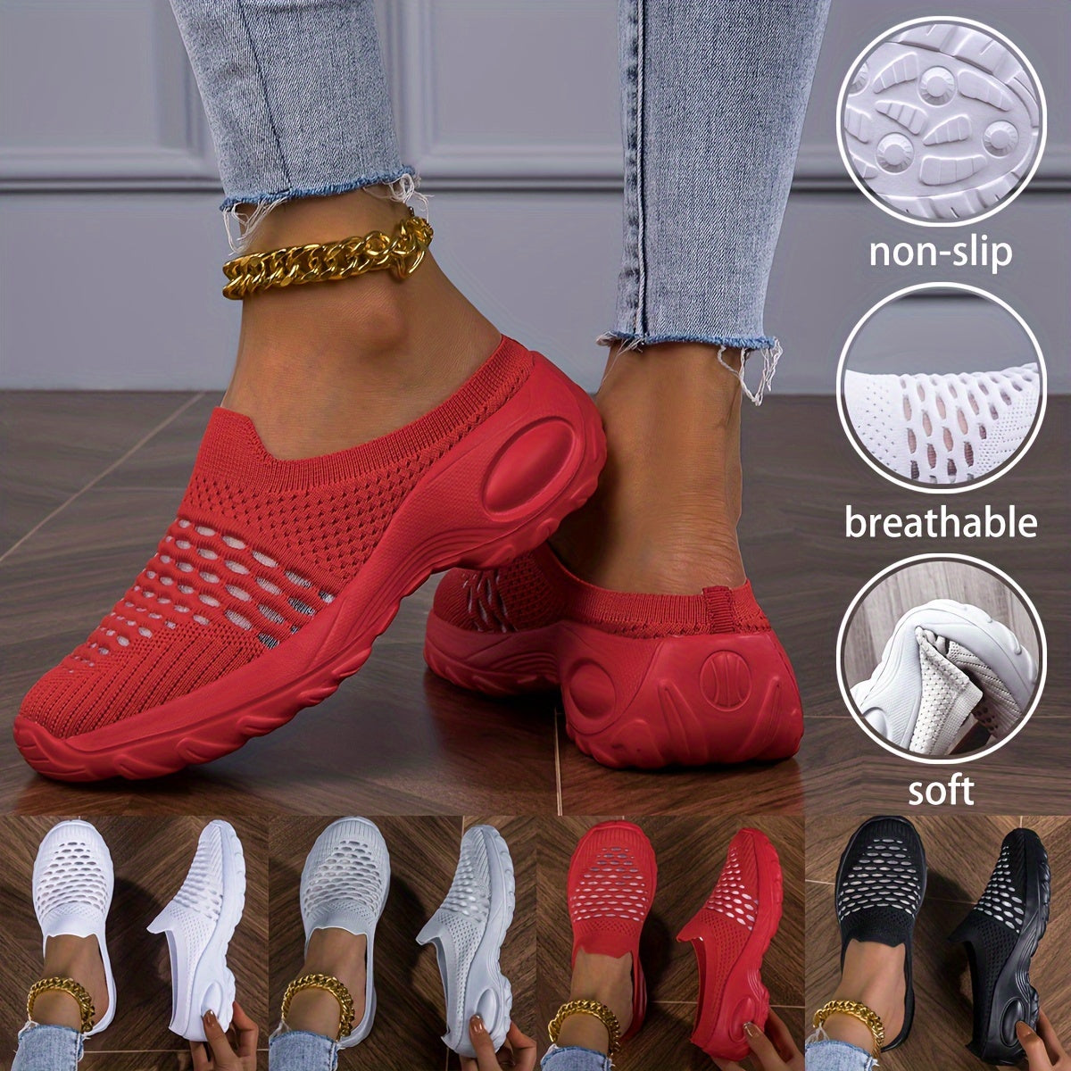 Ayollar uchun nafas oluvchi tikuvli oson kiyinadigan sport poyabzali, yengil, yopishmaydigan EVA, qizil va oq