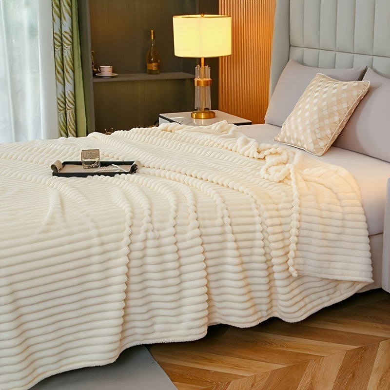 Cozy Lambswool Throw Blanket Beige Ultra-Soft Taffeta Rolled Edges for Sofa Bed Travel