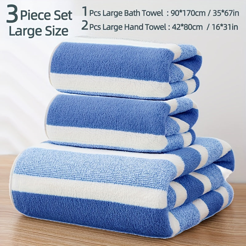 3-Piece Striped Towel Set Bath and Hand Towels Soft Absorbent Quick-Drying