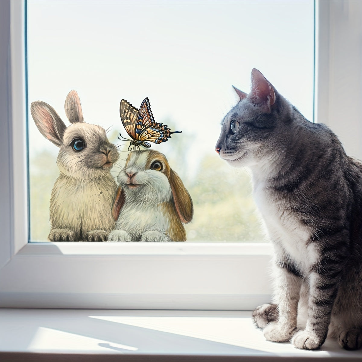 Rustic Vinyl Rabbit and Butterfly Window Cling Self-Adhesive Reusable Door Sticker