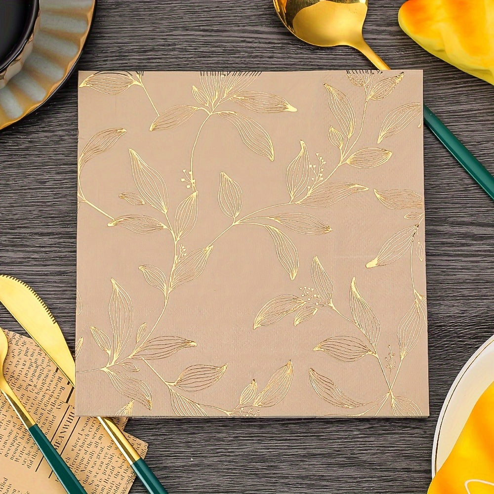 20 Golden Leaf Disposable Napkins 2-Ply Square 33cm for Parties Dinners Restaurants