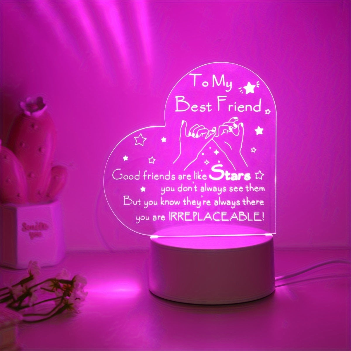 Pink 3D LED Night Light with Inspirational Message USB Powered for Bedroom Decor