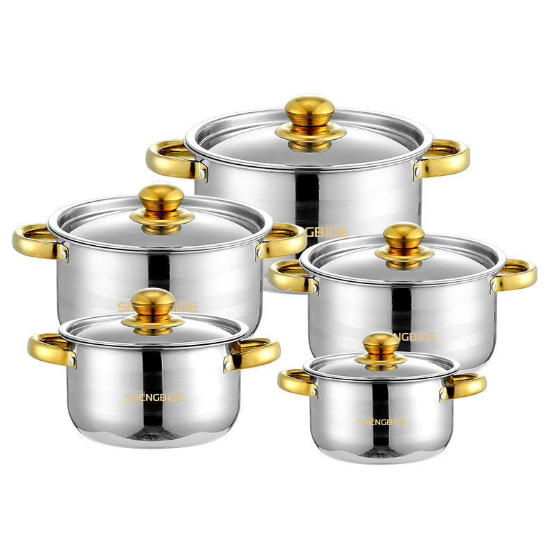 Set of 10 Stainless Steel Cookware Pans with Gold Handles and Lids