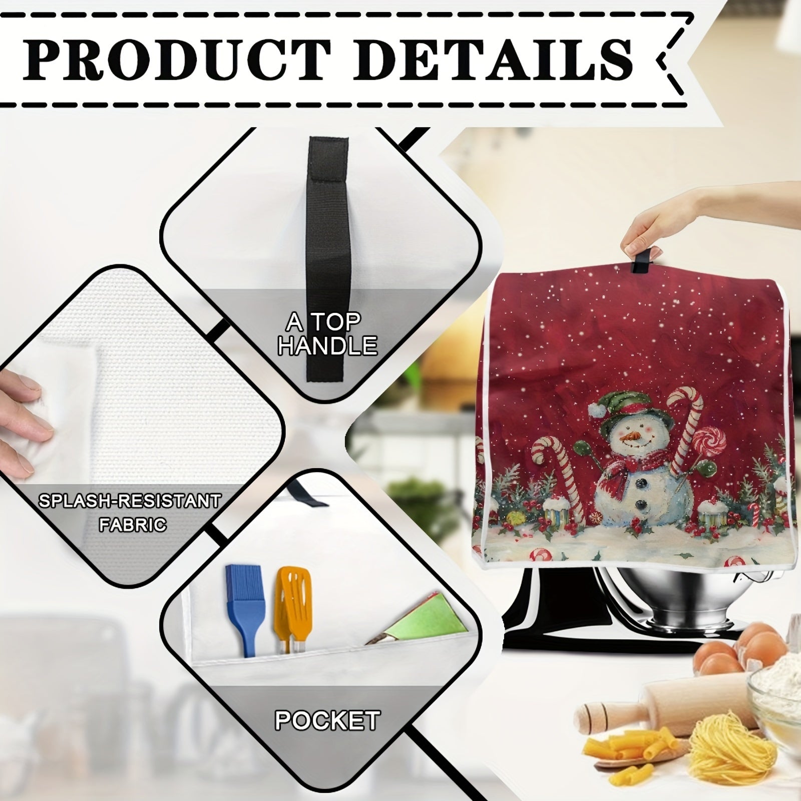 Christmas Snowman Print Stand Mixer Cover Dustproof Kitchen Accessory with Front Pocket