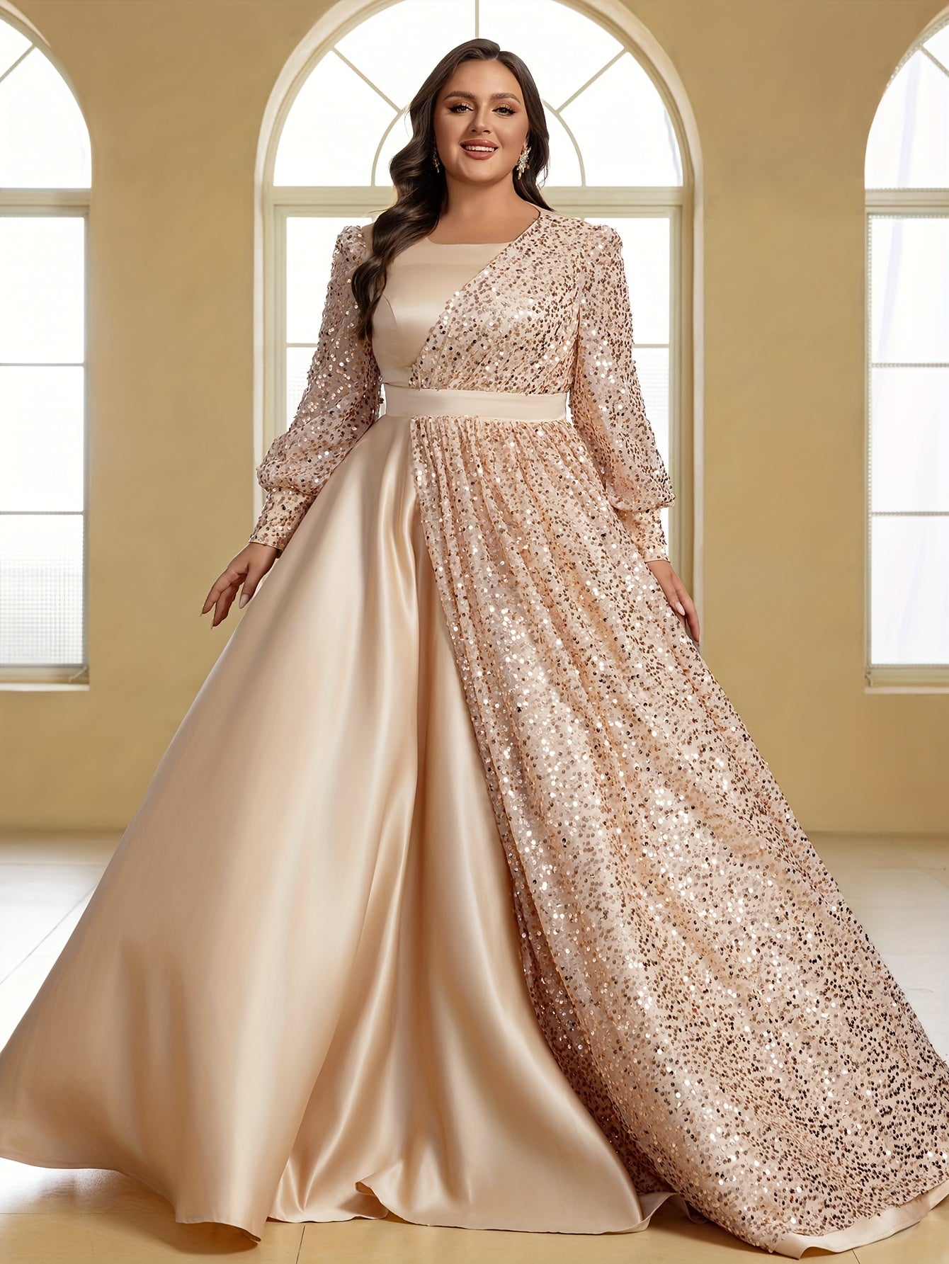 Plus Size Formal Evening Dress Satin Sequin Lantern Sleeve Gown