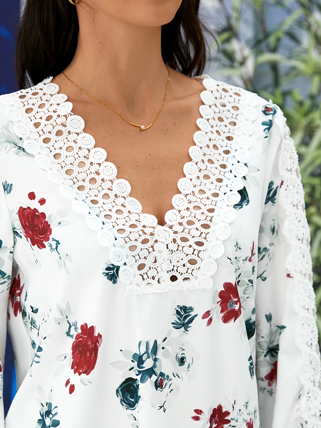 Women's Floral Lace Blouse V-Neck Ruffle Spring Summer Fall
