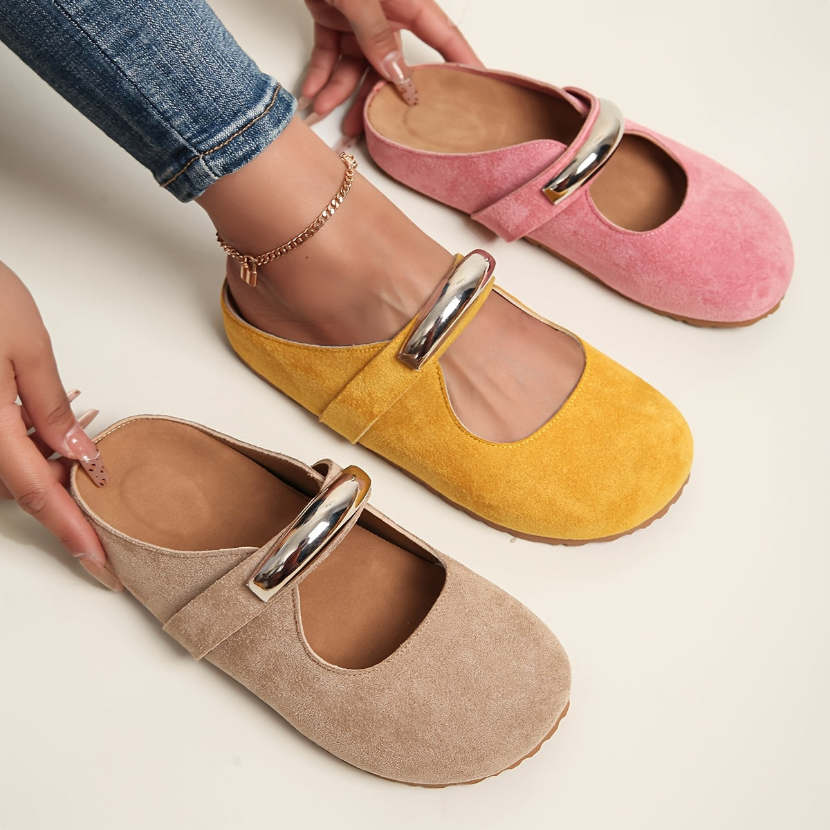 Women's Slip-On Loafers with Metal Buckle Fabric Upper EVA Sole