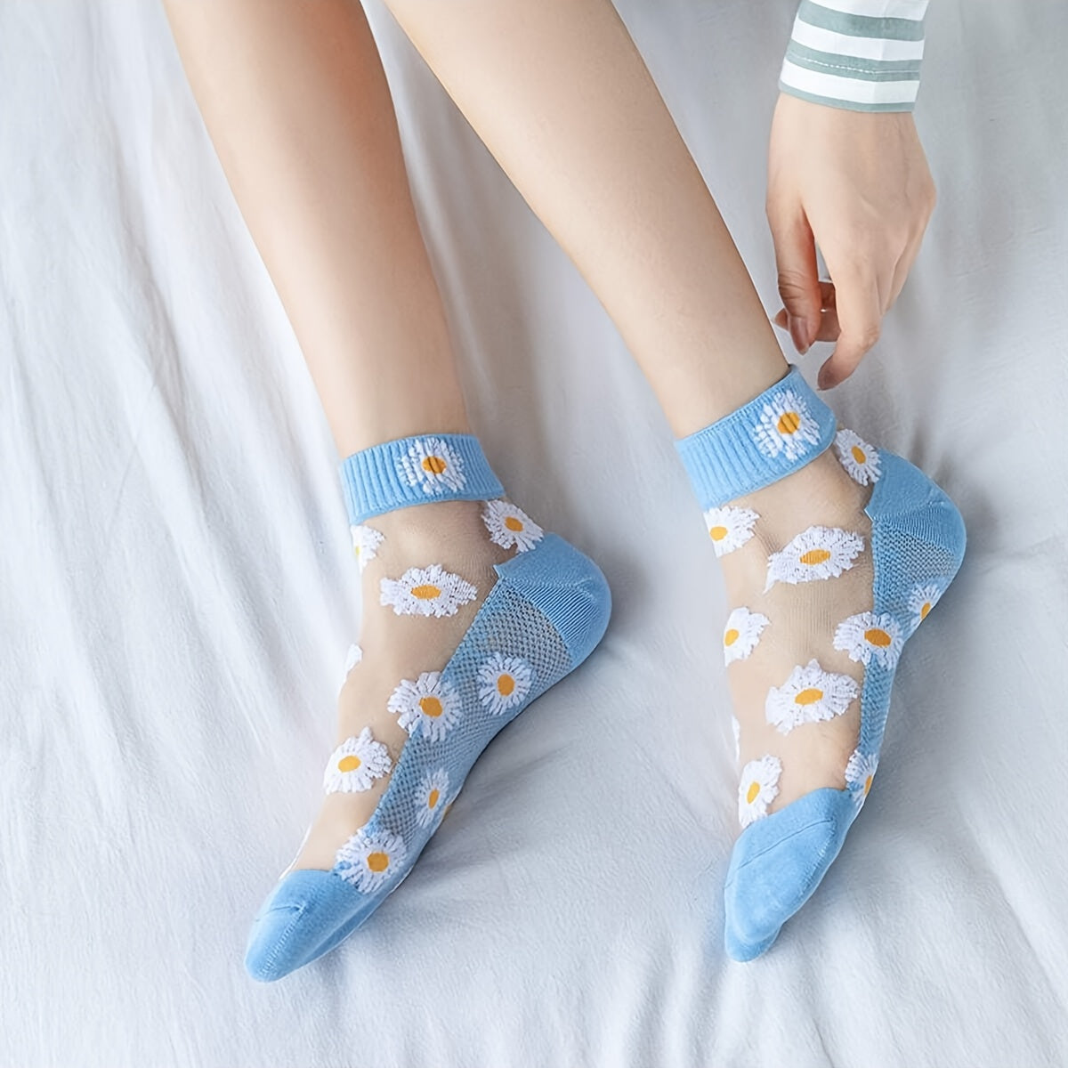 Women's Short Socks 5 Pairs Breathable Cotton Polyester Elastane Daisy Pattern