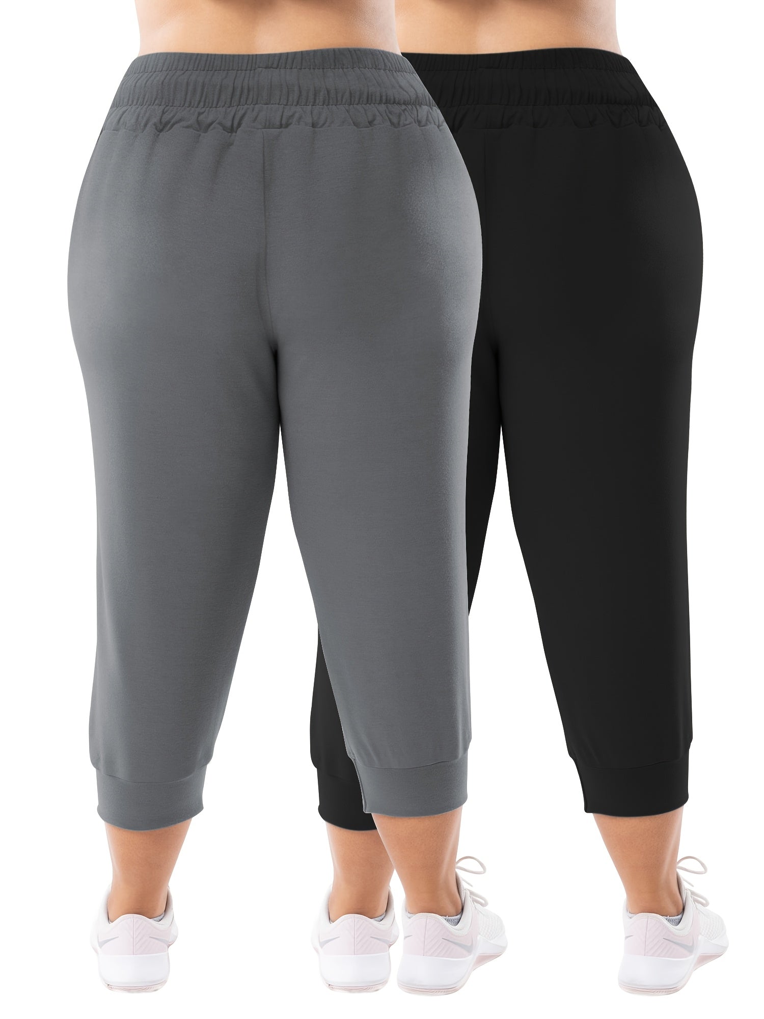 Plus Size Women's Stretchy Capri Joggers Black, Drawstring Waist, Pockets