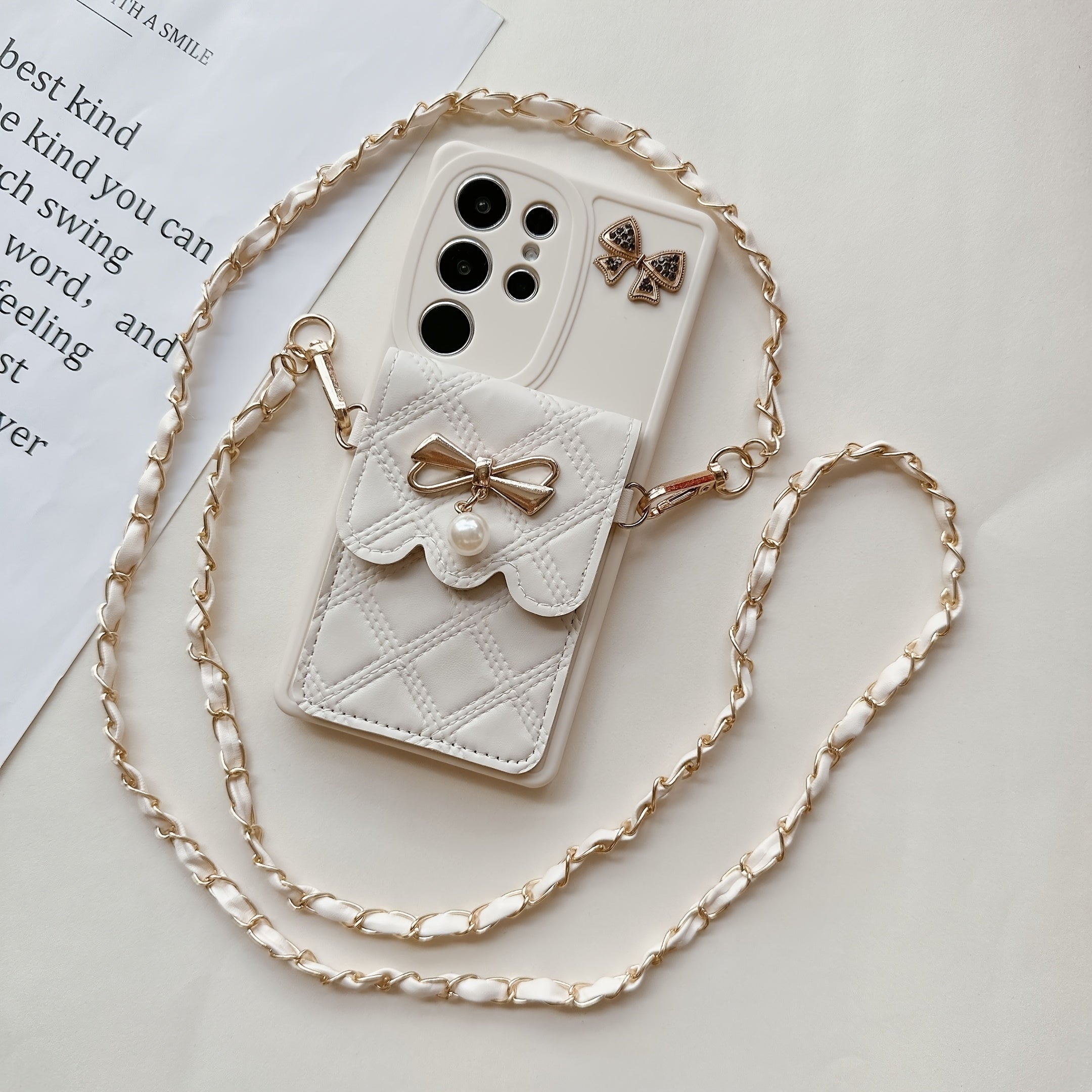 Pearl Bowknot Diamond Phone Case for Samsung Galaxy with Lanyard Full Cover Protection