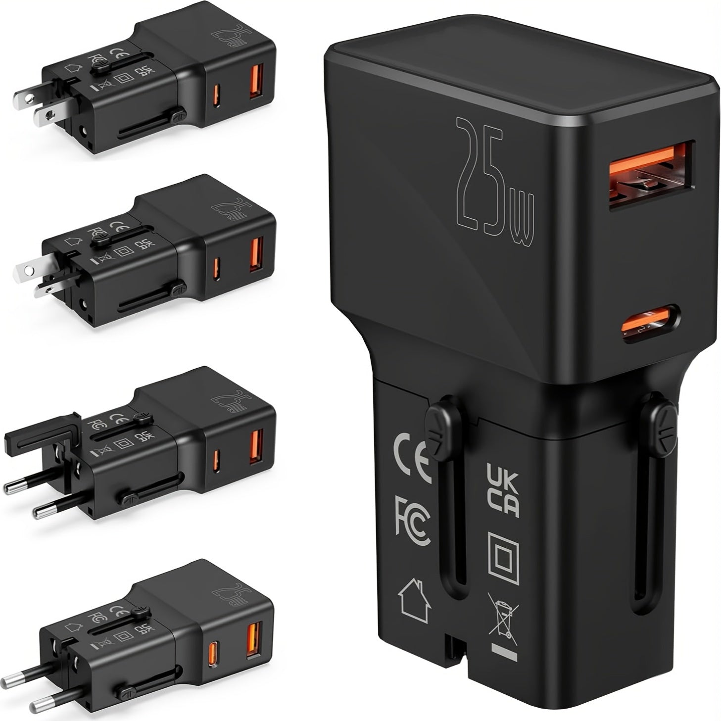 Adaptador de viaje internacional mini con PD de 25W y carga rápida QC 3.0 Tipo-C para EE. UU., UE y Reino Unido