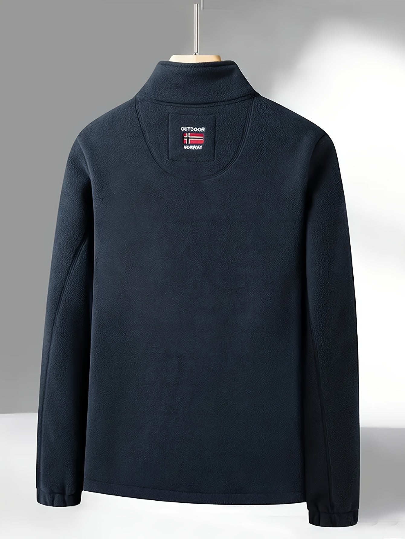 Men's Fleece-Lined Jacket with Embroidered Detailing in Black and Gray Winter Casual Zipper Stand Collar Side Pockets