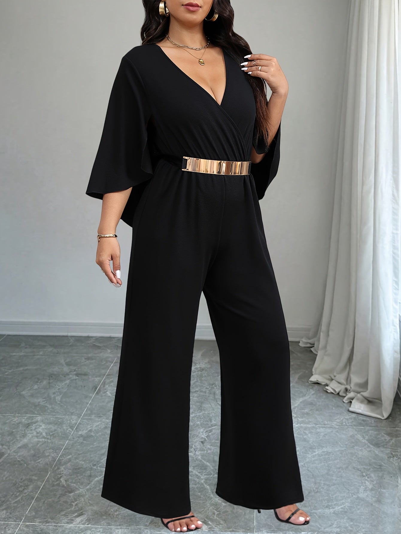 Women's Plus Size Casual V-Neck Jumpsuit with Tie Waist Black Maxidress