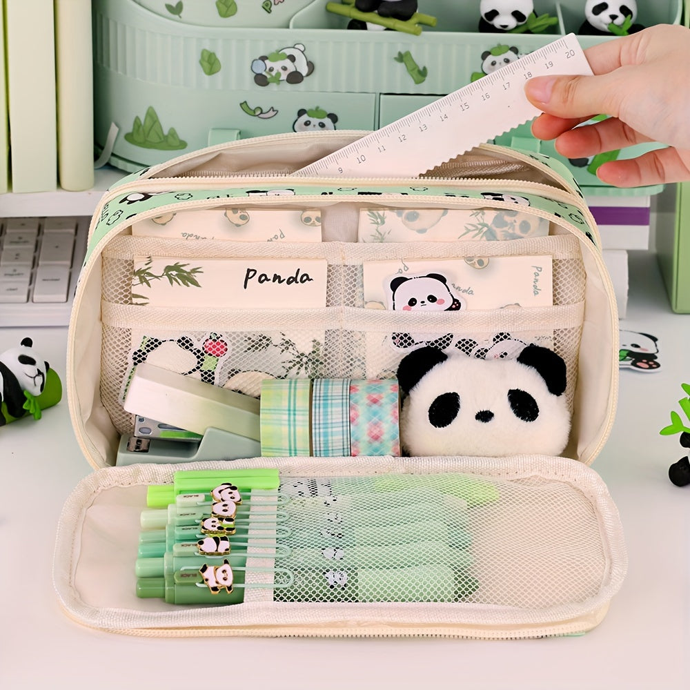 Kids Boys Girls Panda Cartoon Pencil Case with Multi-Layer Organizer Oxford Fabric Storage Box