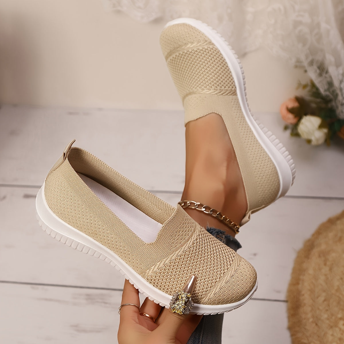 Zapatillas casuales para mujer sin cordones, ligeras y transpirables, zapatos planos