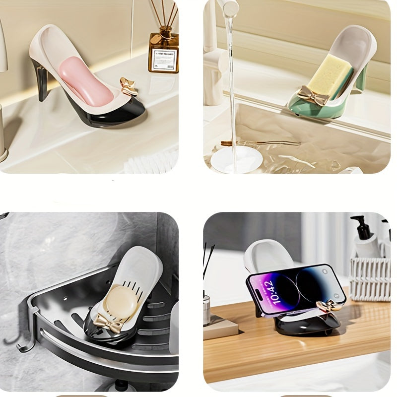 Heeled Soap Dish Holder with Mobile Phone Stand for Bathroom No Drilling