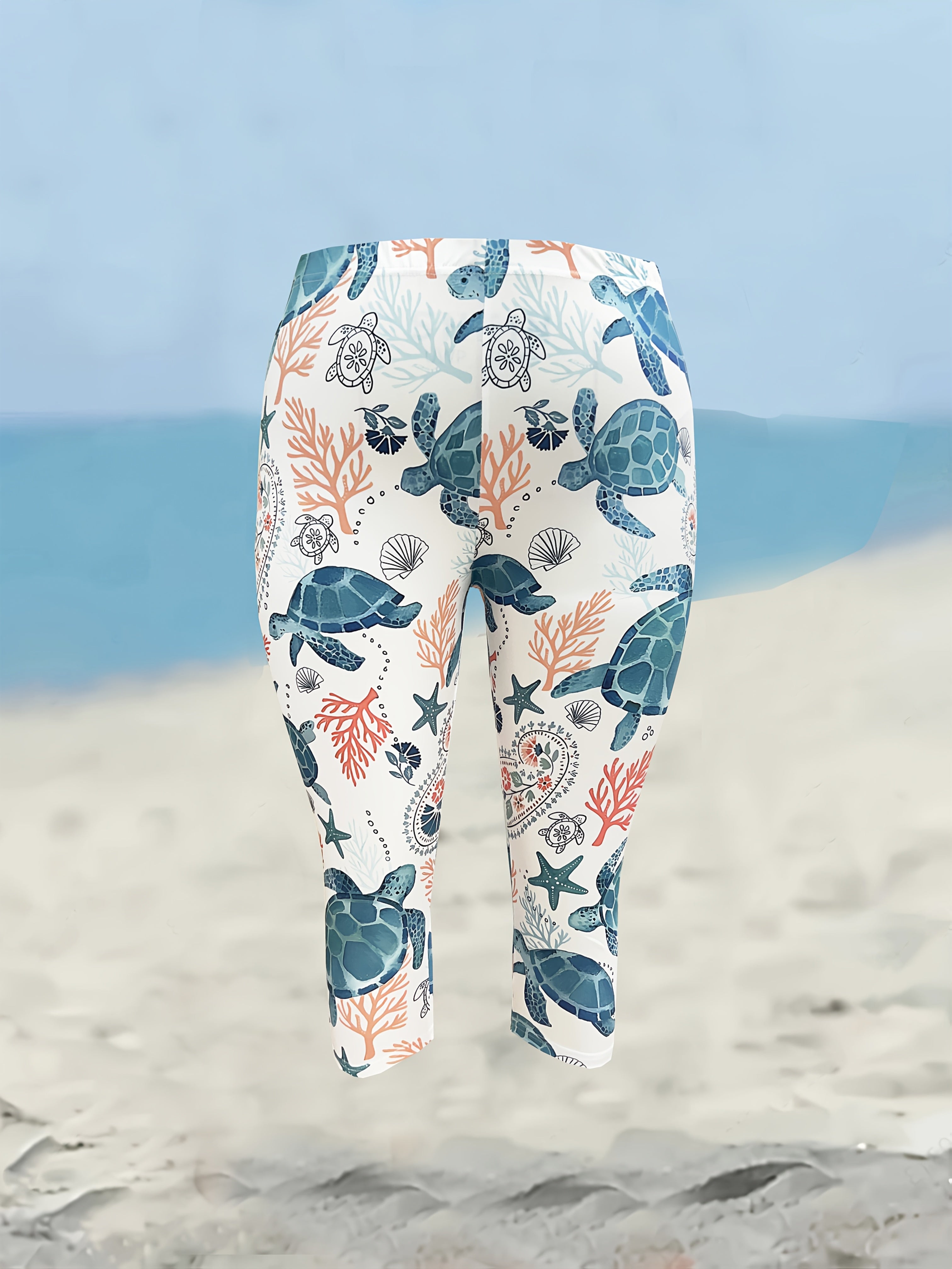 Plus Size Women's High-Waisted Capri Leggings Tropical Print Stretchy Comfortable