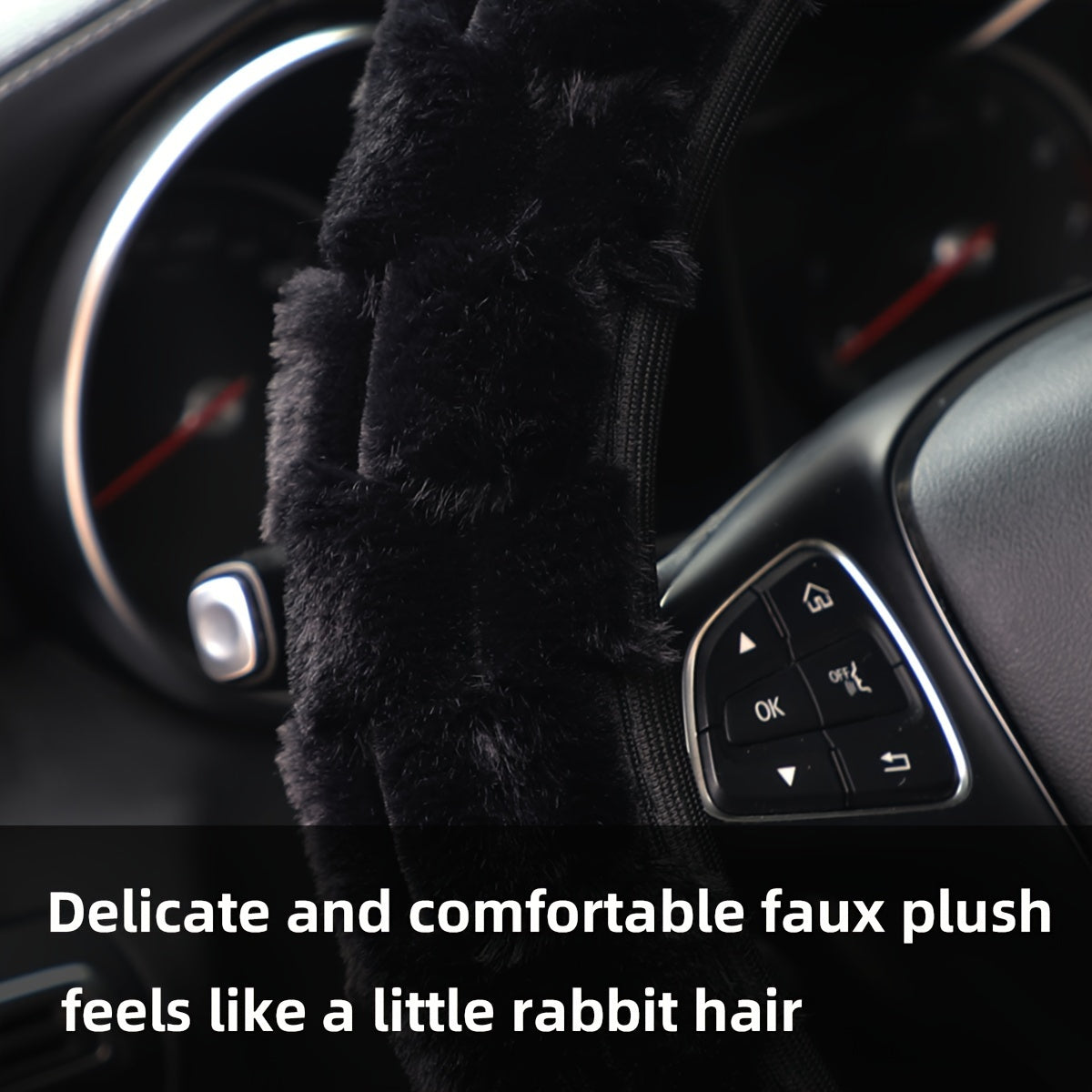 Winter Plush Car Steering Wheel Cover Faux Rabbit Fur Black White Stitching