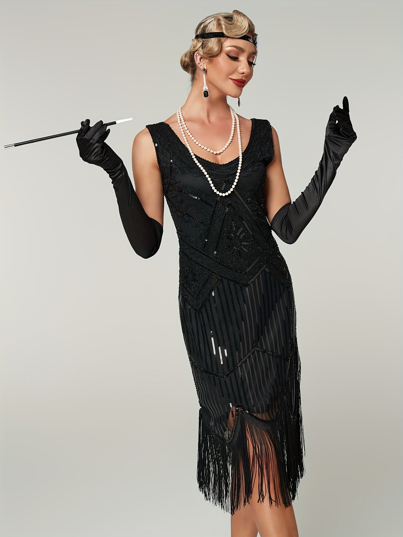 Women's 1920s Art Deco Sequin Fringe Dress Vintage Flapper Evening Gown