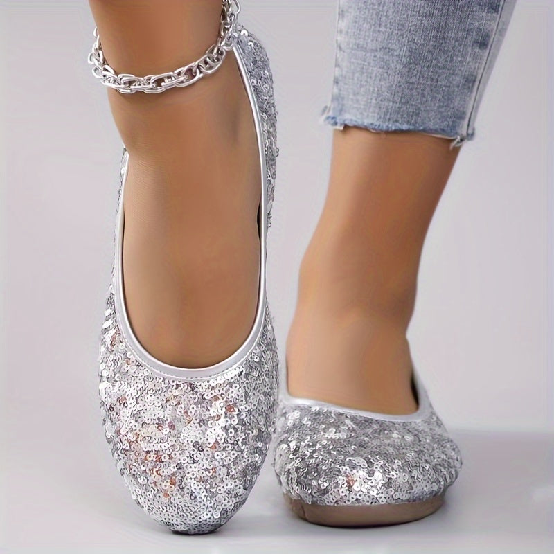 Women's Silver Glitter Flats Slip-On Round Toe Casual All-Season