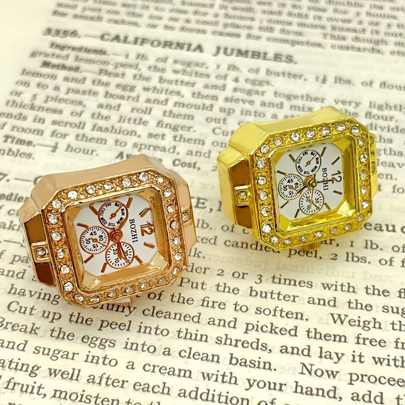 Square Quartz Finger Ring Watch for Women with Rhinestone Sparkle Jewelry