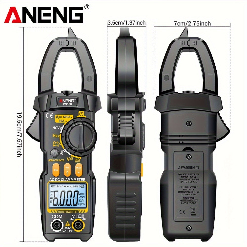 Clamp Meter with 6000 Counts for AC/DC Voltage, 600A Current, Resistance and Capacitance
