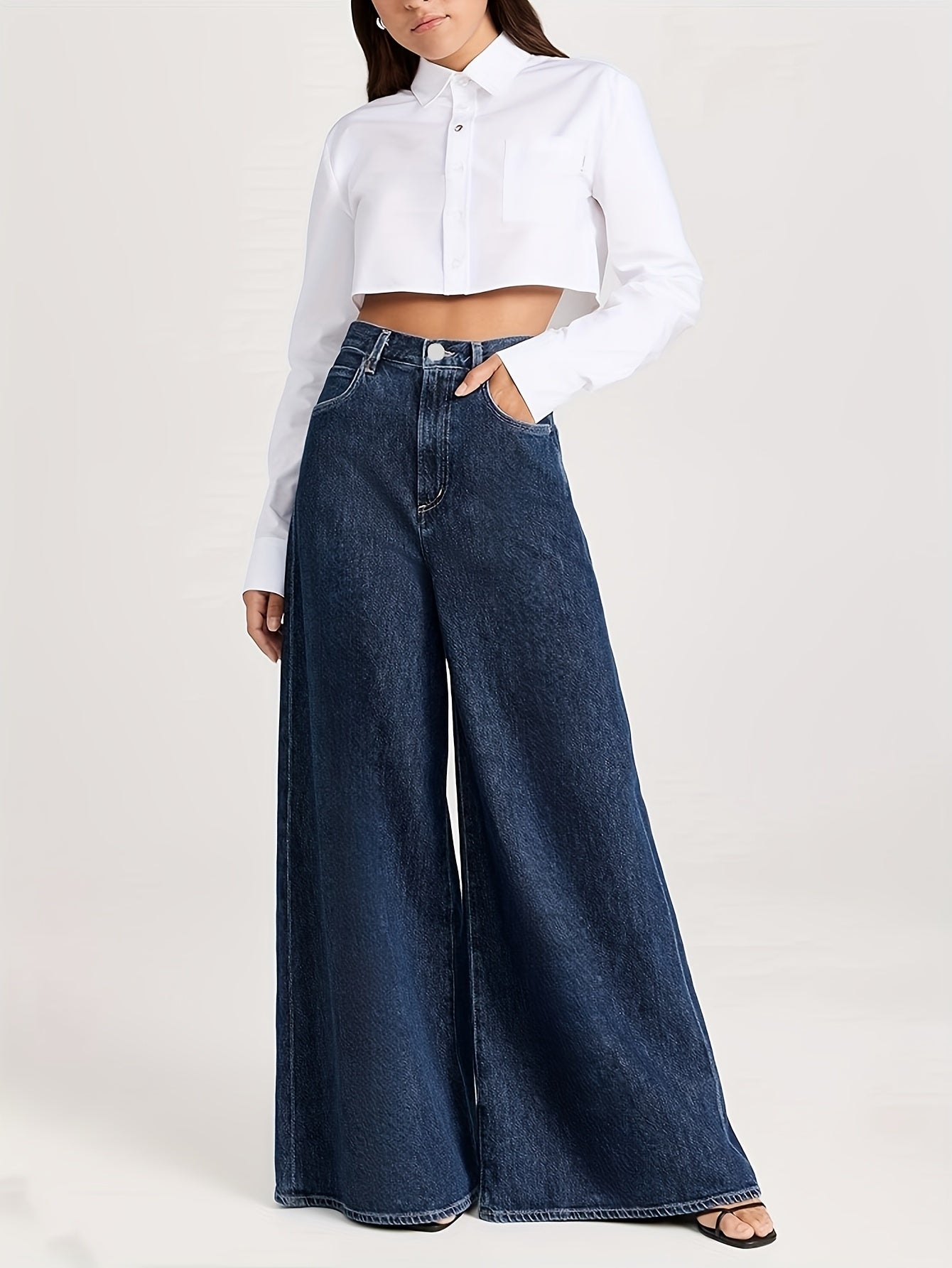 Ayollar uchun keng bo'yinli jinsilar, kengroq, elastik denim, o'rta balandlik, vintage uslub, kundalik, qorong'i ko'k