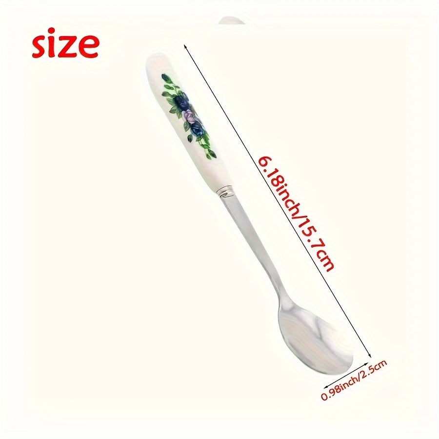 Set of 6 Floral Ceramic Handle Coffee Spoons with Stainless Steel, Stirring and Scooping