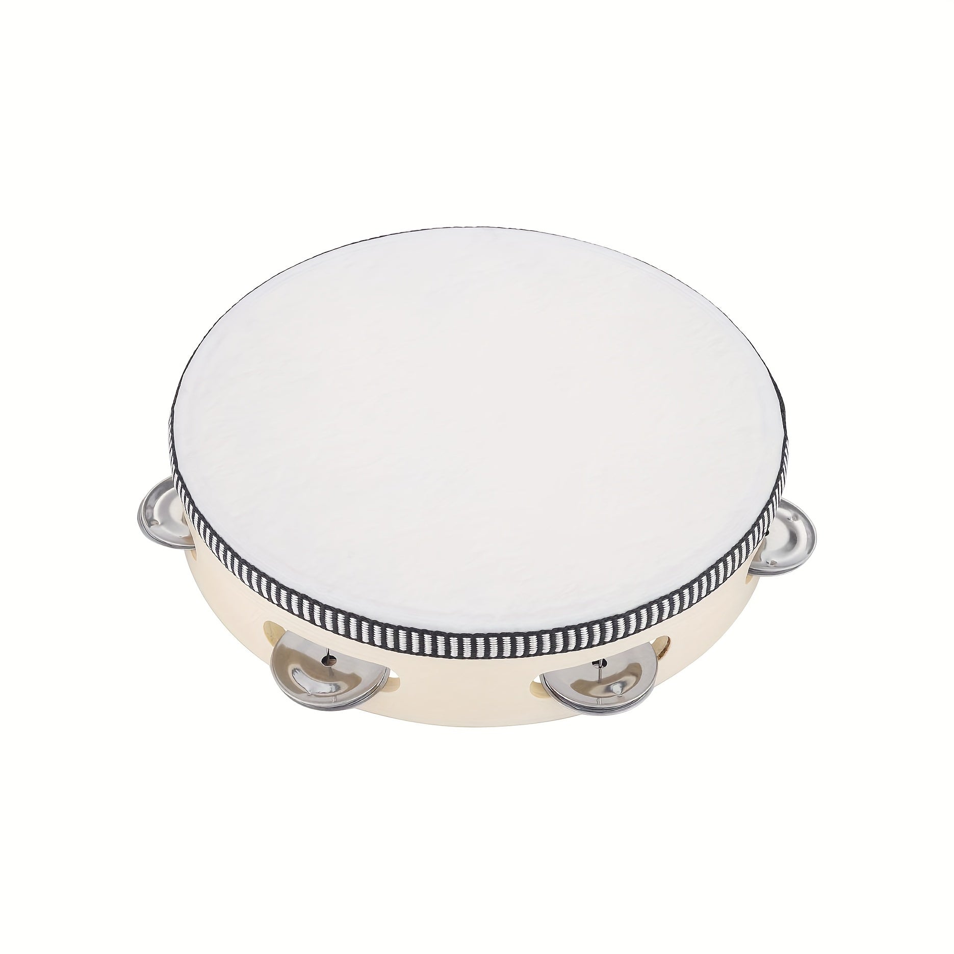 Бежевый полиэтилентерефталатный ручной тамбурин с металлическими бубенцами, образовательный музыкальный подарок для различных случаев.