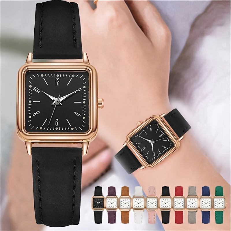 Women's Casual Square Quartz Watch with Luminous Dial and PU Leather Band
