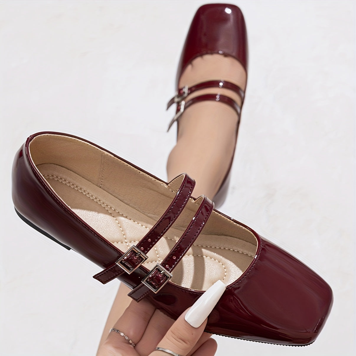 Vintage-Inspired Mary-Jane Flats Square Toe Buckle Strap All-Season Lightweight TPR Sole