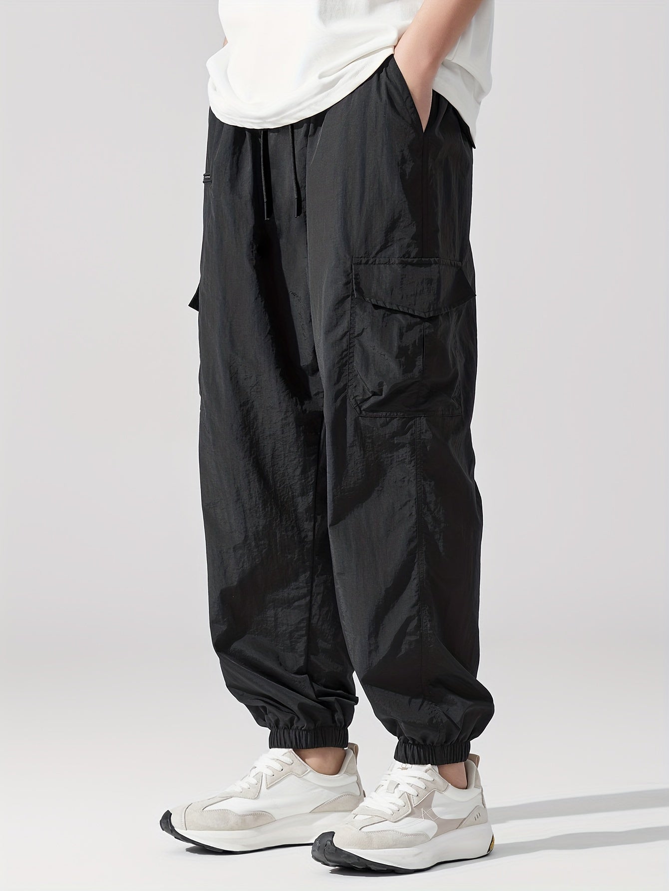 Plus Size Men's Black Nylon Joggers Lightweight Loose Fit Casual Sporty Sweatpants