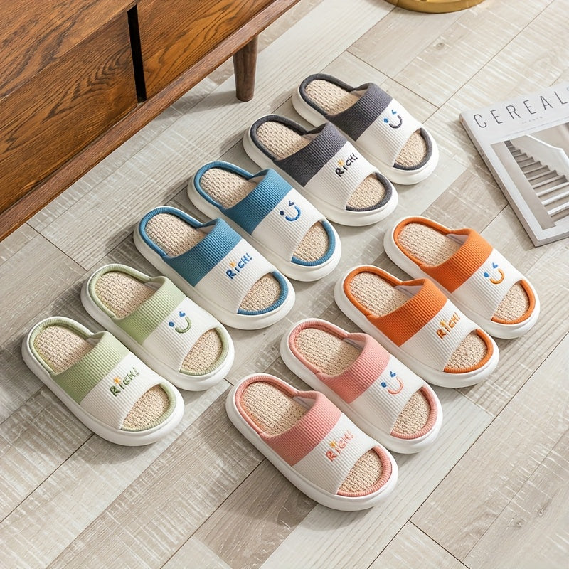 Women Linen Slippers Soft Non-Slip Indoor Shoes Light Blue White Love