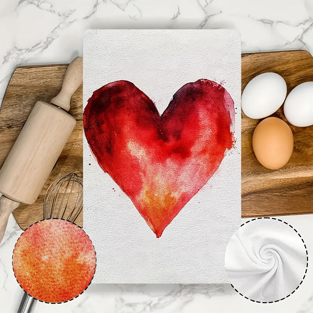 Set of 2 Soft Kitchen Towels with Heart Design, 16x24 Inches, Absorbent