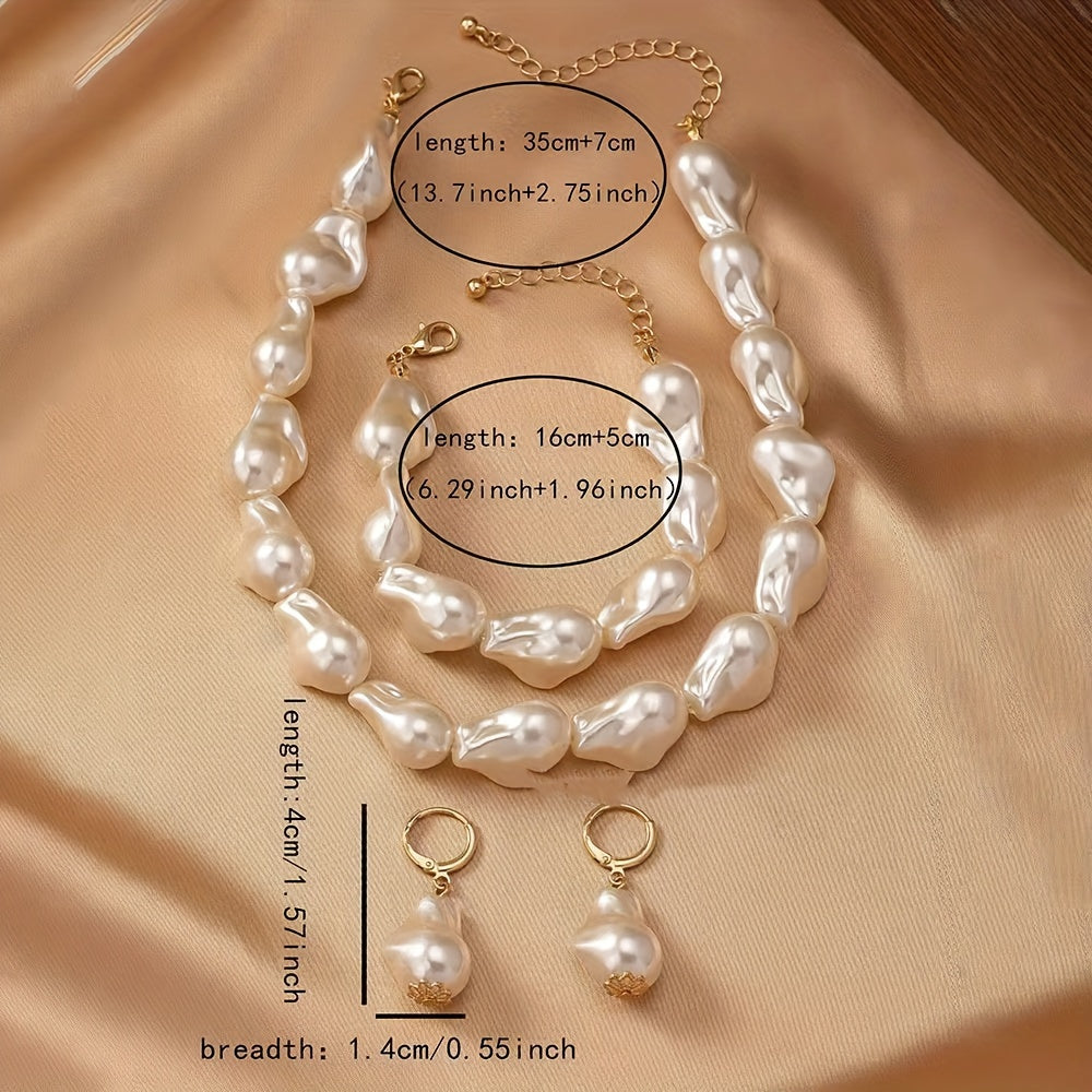 Women's Jewelry Set with Imitation Pearls Baroque Necklace Bracelet Earrings Geometric Design